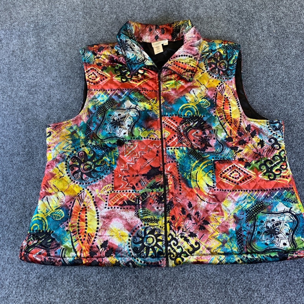 Coldwater Creek Quilted Vest Women 3X Multicolor Abstract Print Full Zipper Boho
